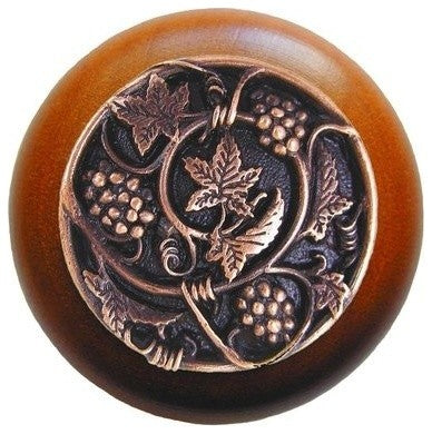 Grapevines Wood Knob, Antique Brass, Cherry Wood Finish, Antique Copper