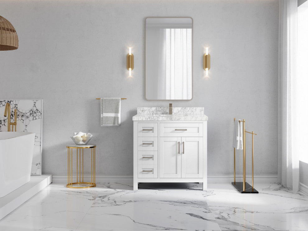 Cambridge 36 Center Sink Bath Vanity in White 2" Carrara Marble