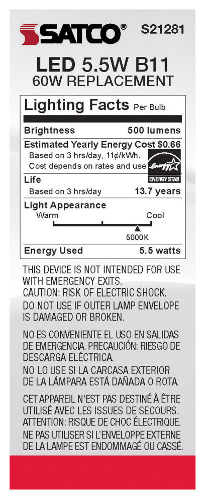 5.5W B11 LED, Frost, Candelabra Base, 90 CRI, 5000K, 120V
