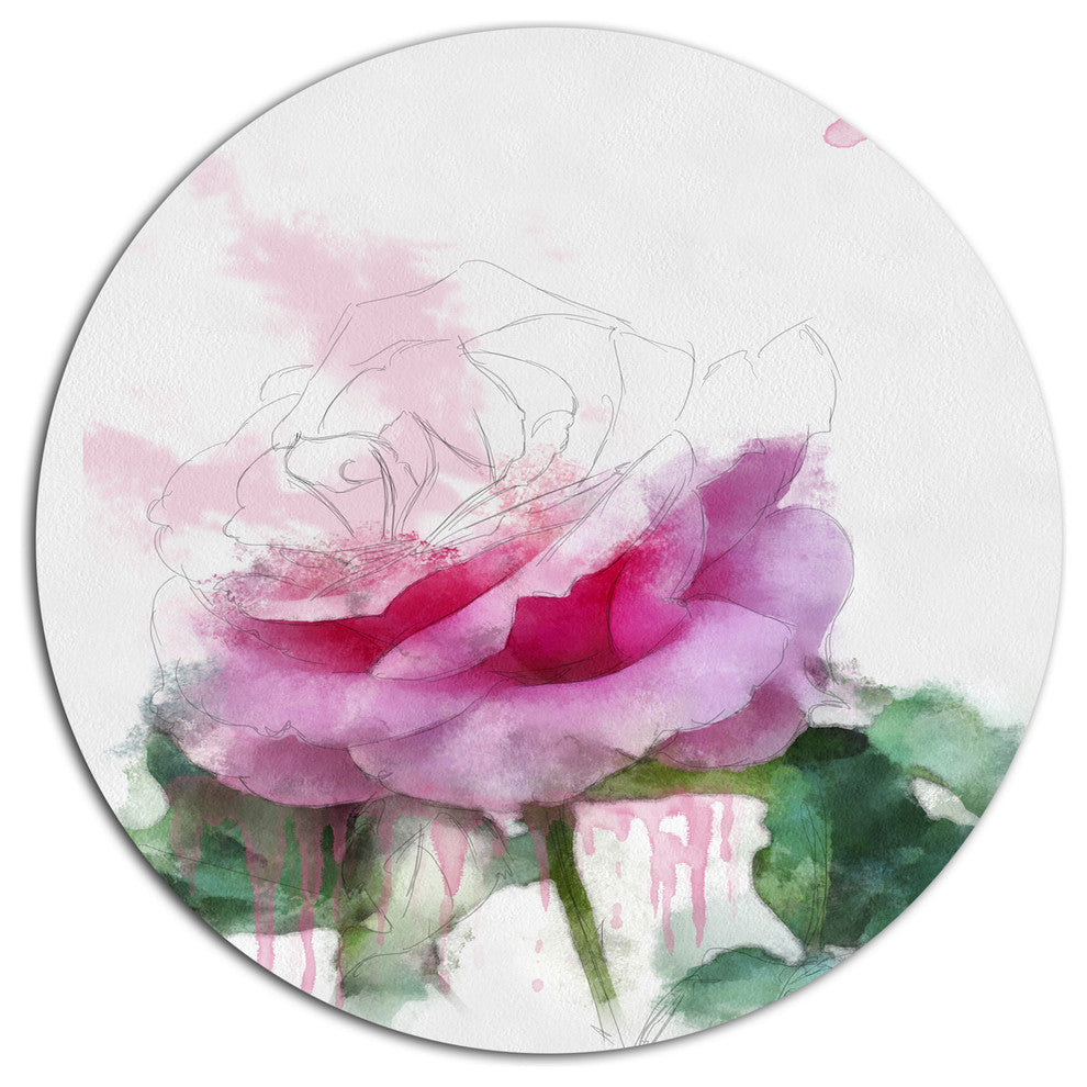 Pink Rose Stem With Paint Splashes, Floral Round Wall Art, 23"