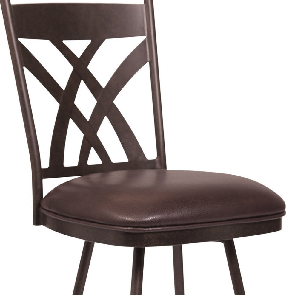 26" Stylish Brown Faux Leather Brown Metal Lattice Back Swivel Bar Stool