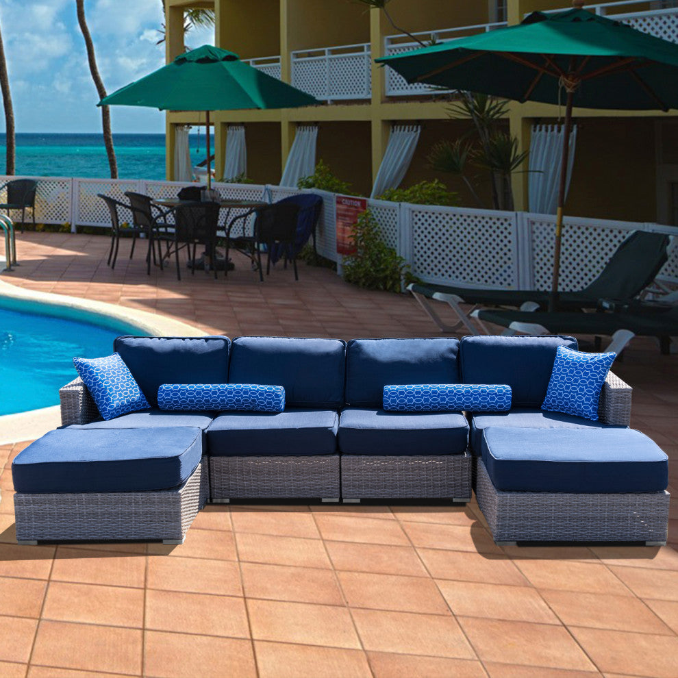 Polyethylene (PE) Wicker 6 Piece Patio Furniture Set, Fully Assembled, Navy Blue