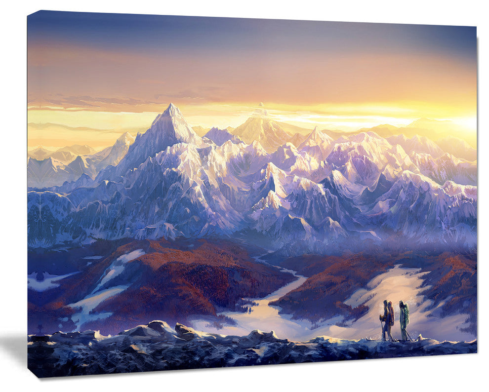 Winter Mountains with Tourists, Landscape Canvas Wall Art, 40"x30"