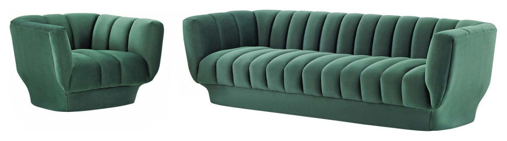 Tufted Armchair and Sofa Set, Velvet, Green, Modern, Living Lounge Hospitality