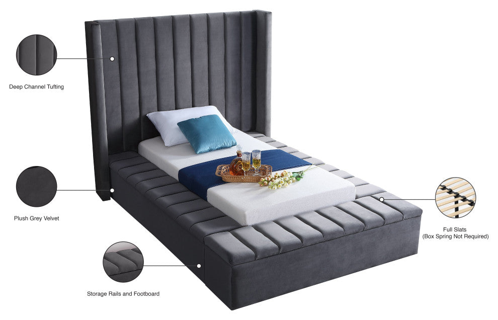 Kiki Velvet Bed, Gray, Twin