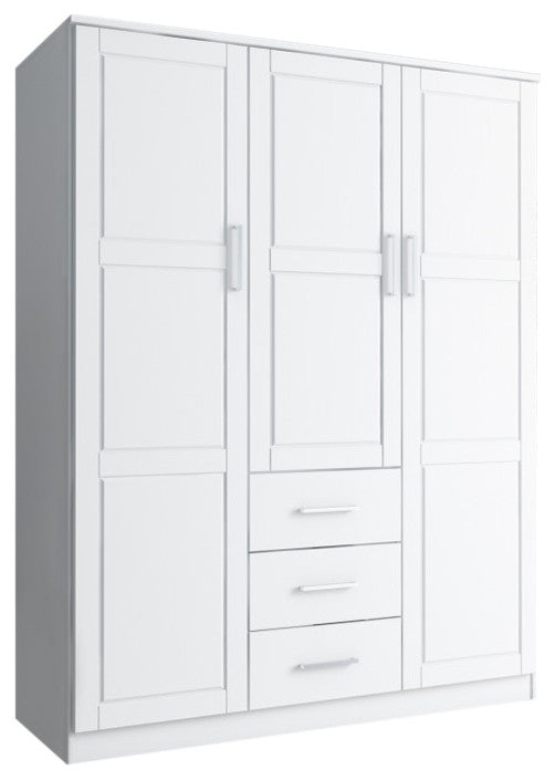 100% Solid Wood Cosmo 3-Door Wardrobe/Armoire, 2 Shelves, White-Raised Panel