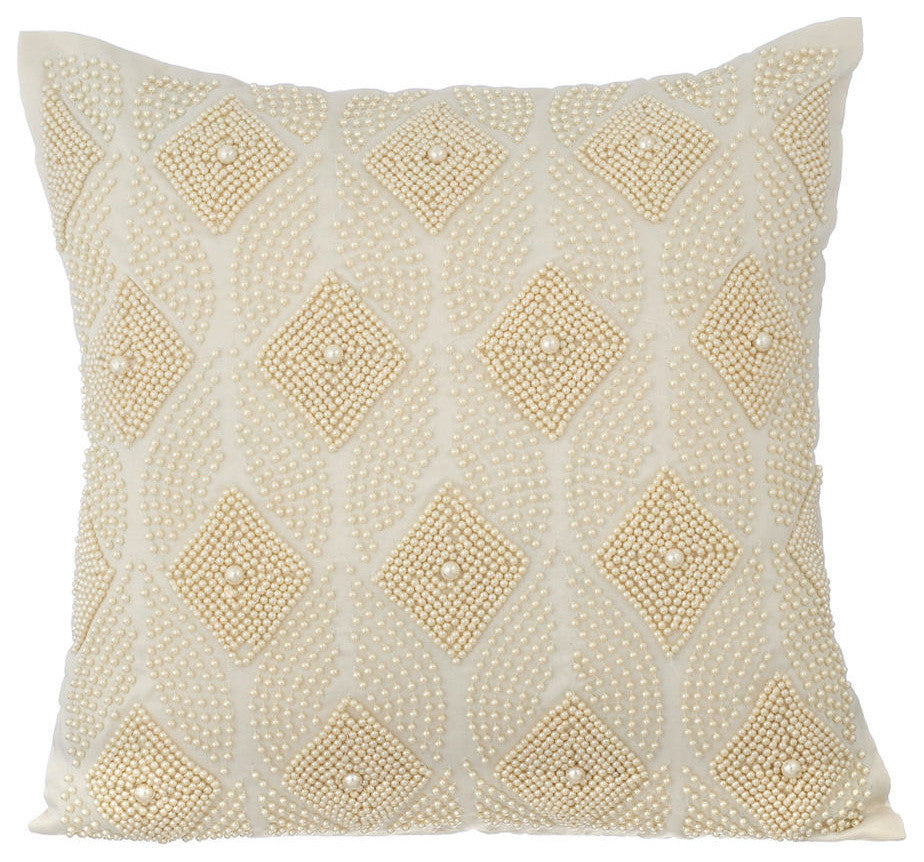 Ivory Throw Pillow Covers 16"x16" Cotton, Victoria Pearls