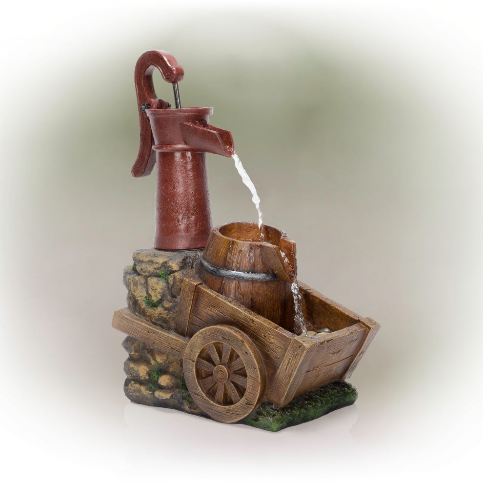 24" Vintage Red Water Pump with Wheelbarrow Fountain- Small