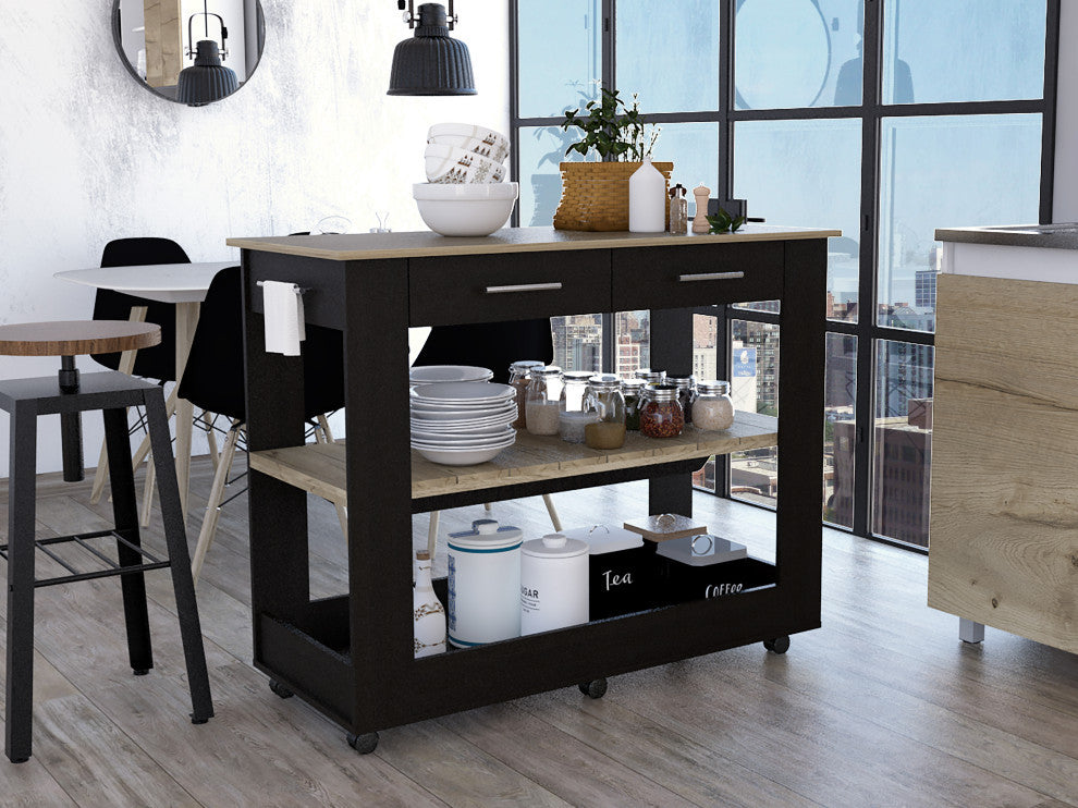 Brooklyn 80 Light Oak Accented Kitchen Island, with Shelves and Drawers, Black