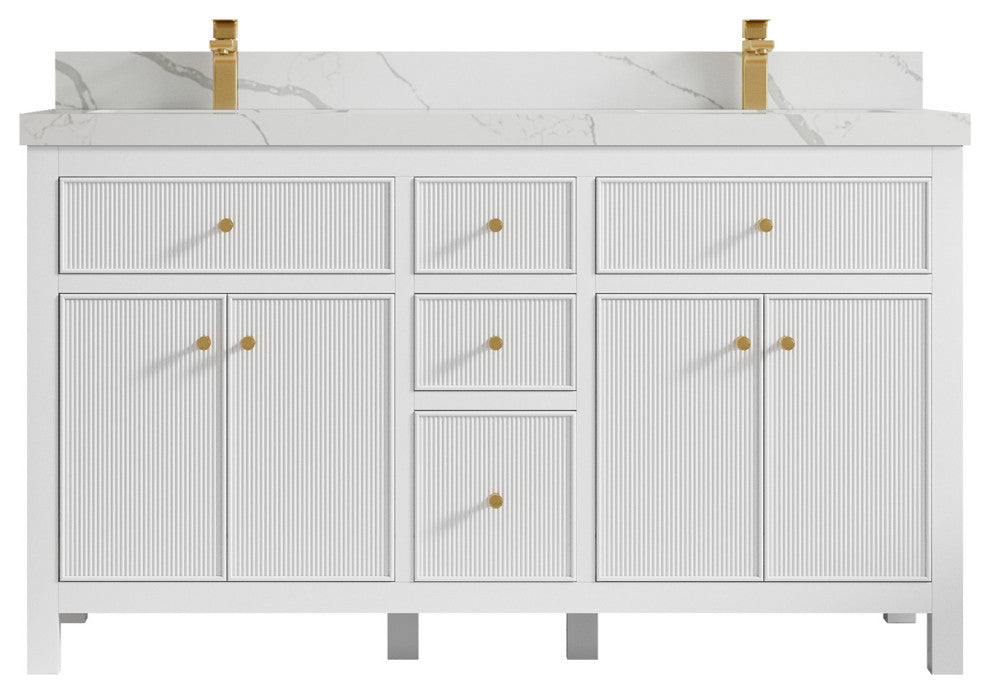 Sonoma 60 Double Sink Reeded Bathroom Vanity in White 2" Calacatta Laza
