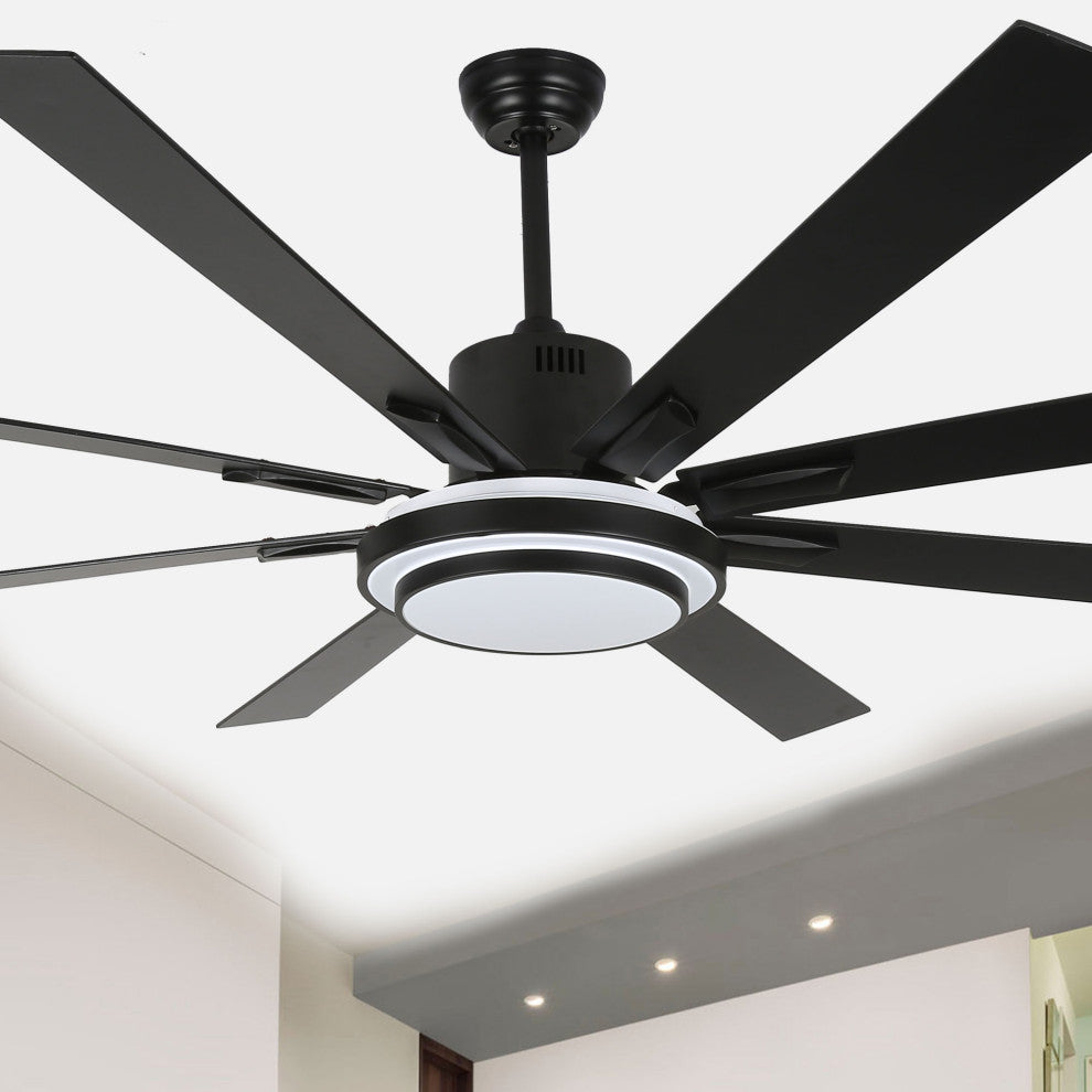 72" Modern Ceiling Fan with Reversible Blades, Dimmable Light and Remote, Black, 72"