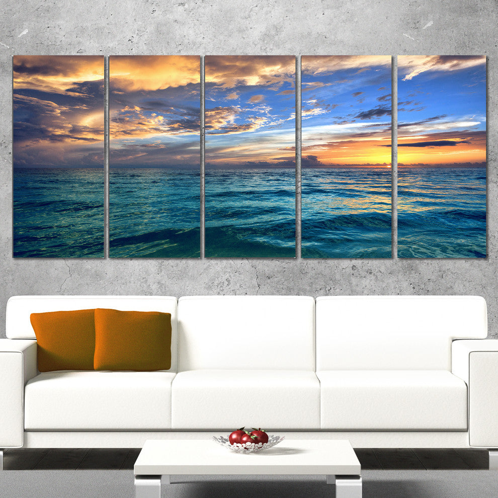 "Exotic Tropical Beach At Sunset" Modern Seashore Canvas Art, 5 Panels, 60"x28"