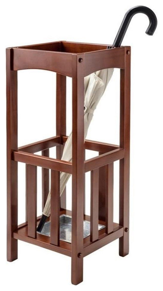 Pemberly Row Transitional Solid Wood Umbrella Stand with Tray in Walnut