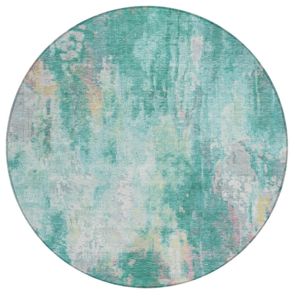 Machine Washable Indoor/Outdoor Chantille ACN1640 Teal 8' x 8' Round Rug