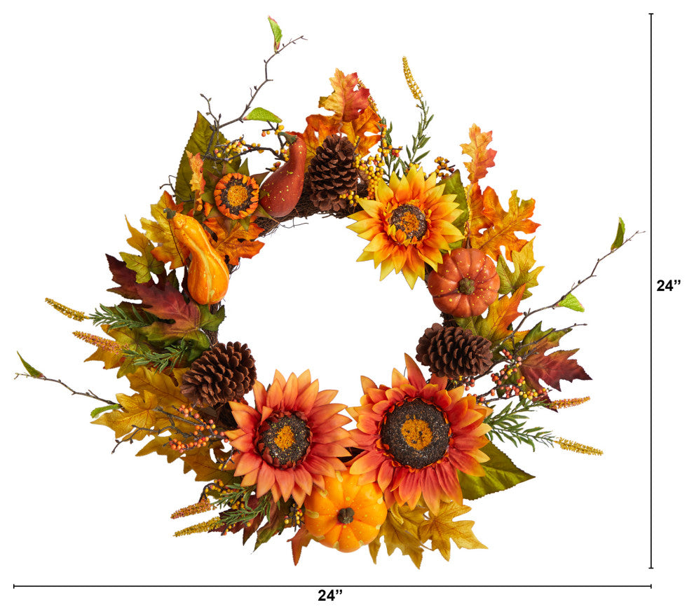 24" Fall Sunflower, Pumpkin, Gourds, Pinecone and Berries Autumn Faux Wreath