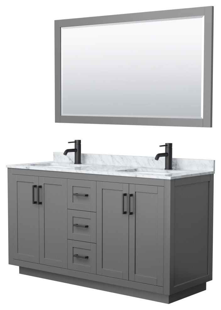 60"DBL Vanity Dark Gray, Carrara Countertop, Sinks, Black Trim, 58"Mirror
