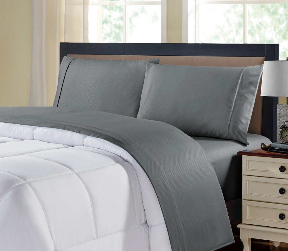Kathy Ireland 4 Piece Chevron Embossed Sheet Set, Gray, Queen
