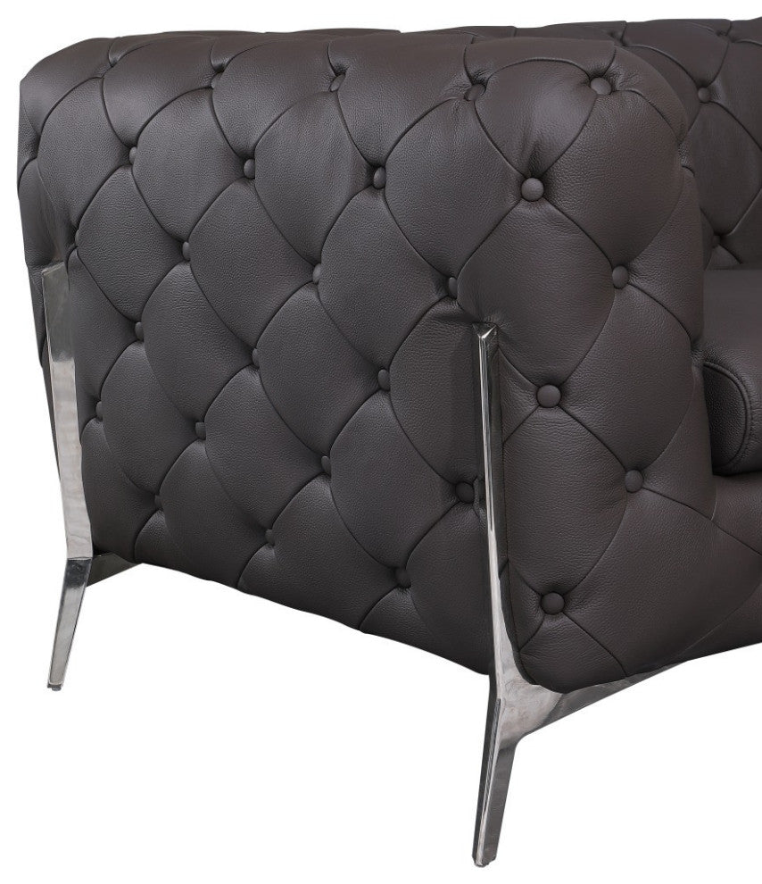 Glam Espresso Brown and Chrome Tufted Leather Armchair