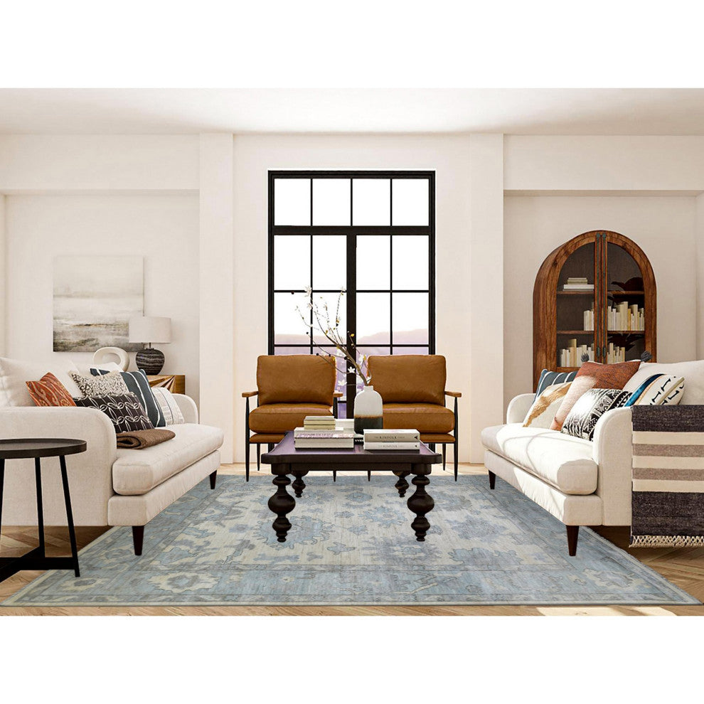 Ivory Hand Knotted Afghan Angora Oushak With Leaf Design Soft Wool Rug, 8'x9'9"