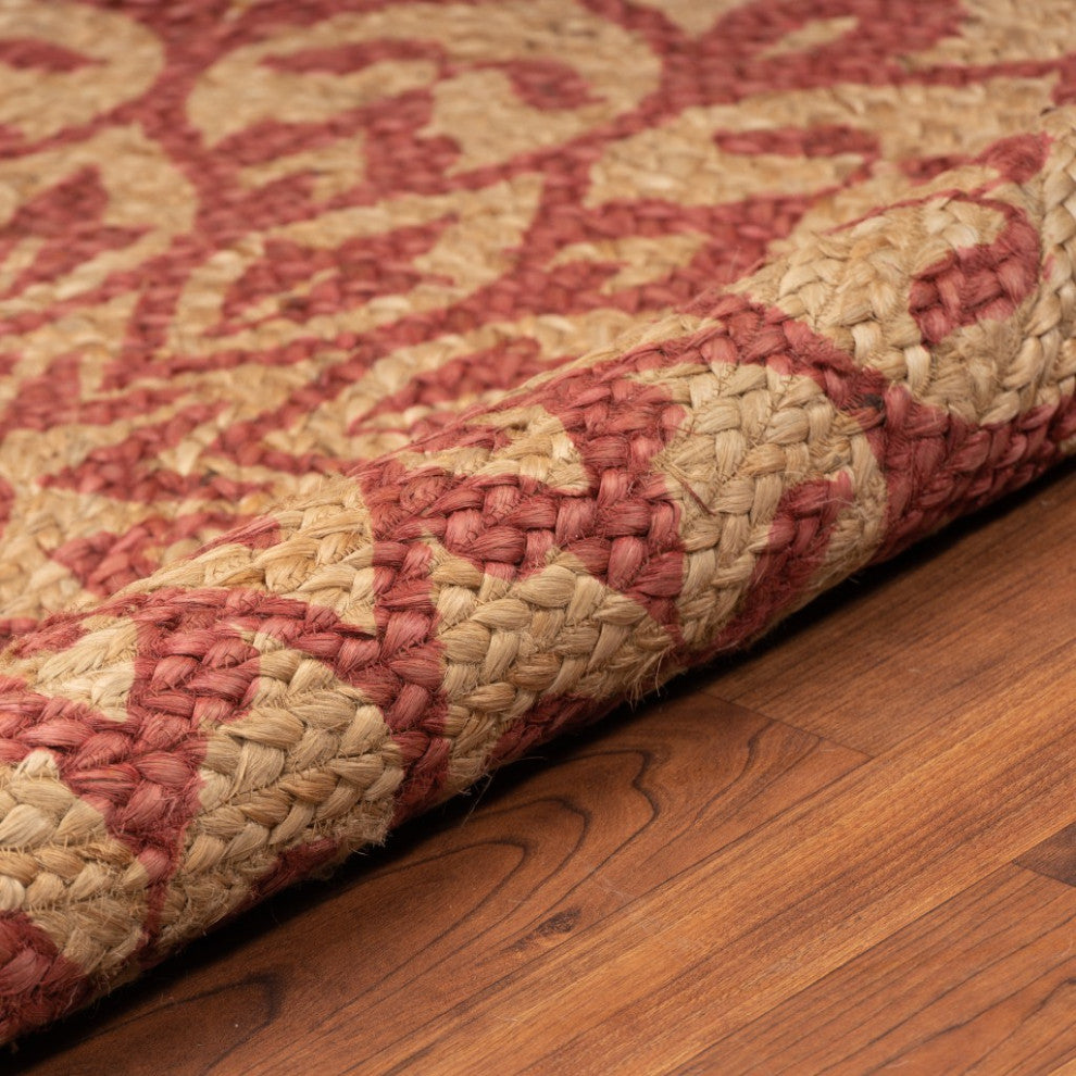 6" Round Tan and Red Boho Chic Area Rug