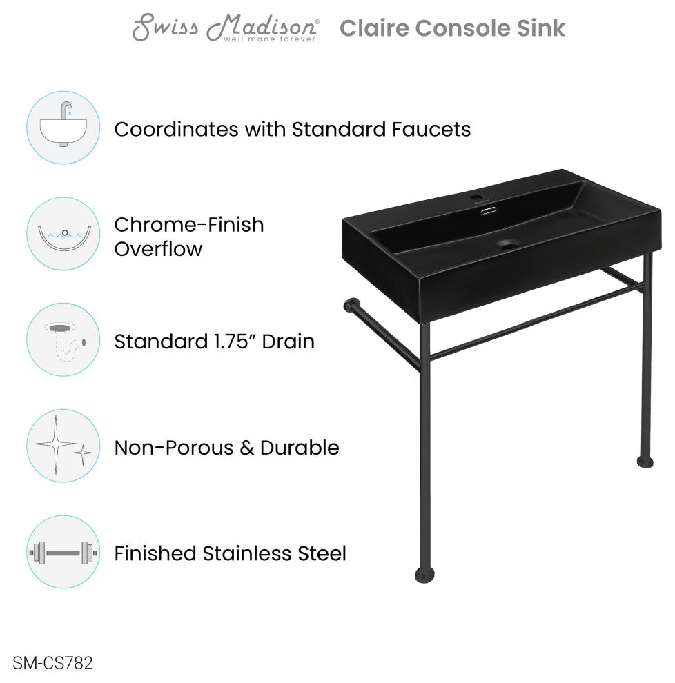 Claire 30 Ceramic Console Sink Matte Black Basin Black Legs