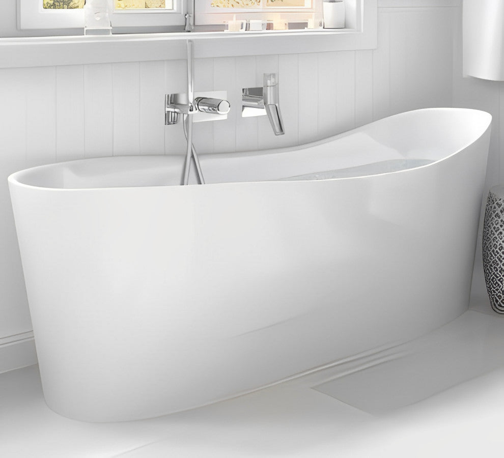 Wave 57.63x26.25 Freestanding Soaking Solid Surface Bathtub, White Matte