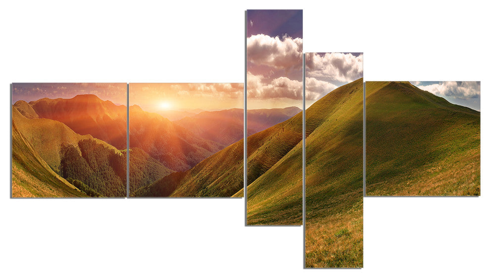 Sunrise Over Green Mountains, Landscape Photo Canvas Print, 60"x32", 5 panels