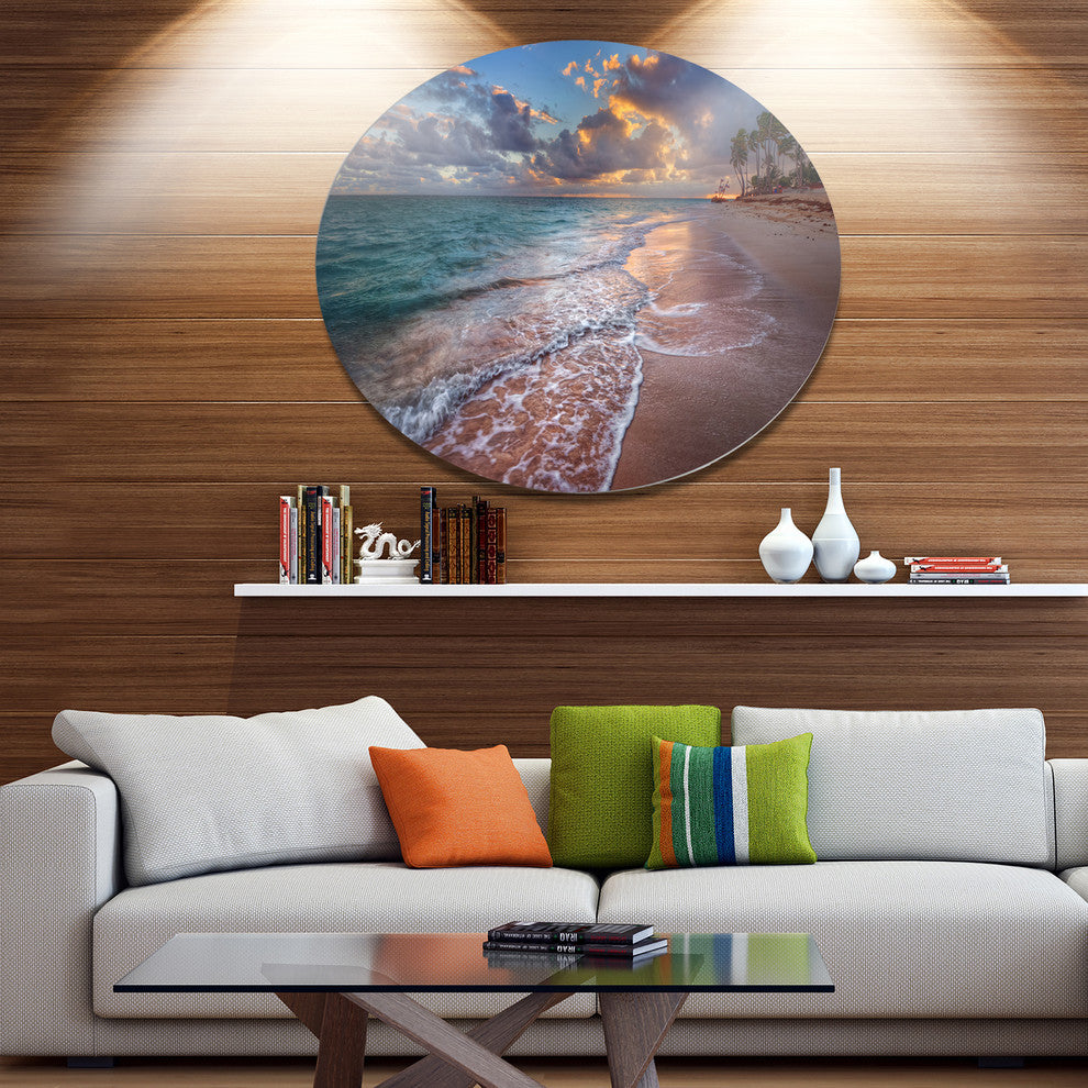 Palm Trees On Clear Sandy Beach, Seashore Art Disc Metal Wall Art, 36"