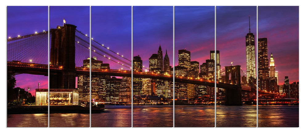 Brooklyn Bridge and Manhattan at Sunset, Pink, Canvas Print, 83"x32", 7 Panels