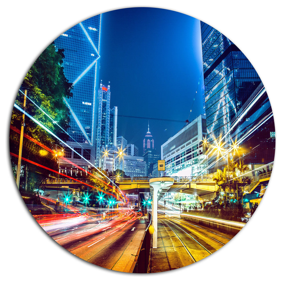 Hong Kong City Night Scene, Cityscape Art Disc Metal Wall Art, 38"