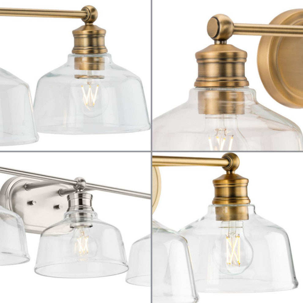 Singleton 3-Light 26.5" Vintage Brass Vanity Light, Clear Glass Shades