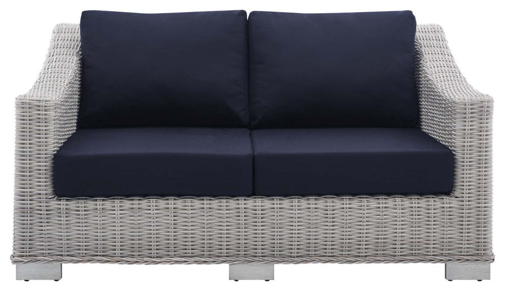 Lounge Loveseat Sofa, Sunbrella, Rattan, Wicker, Gray Blue Navy, Outdoor