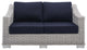 Lounge Loveseat Sofa, Sunbrella, Rattan, Wicker, Gray Blue Navy, Outdoor