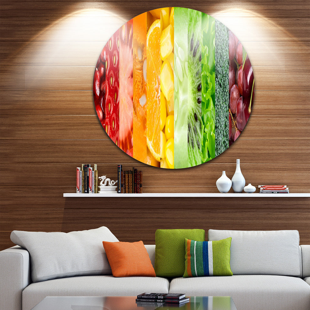 Fruits, Berries And Vegie Collage, Floral Art Round Metal Wall Art, 23"