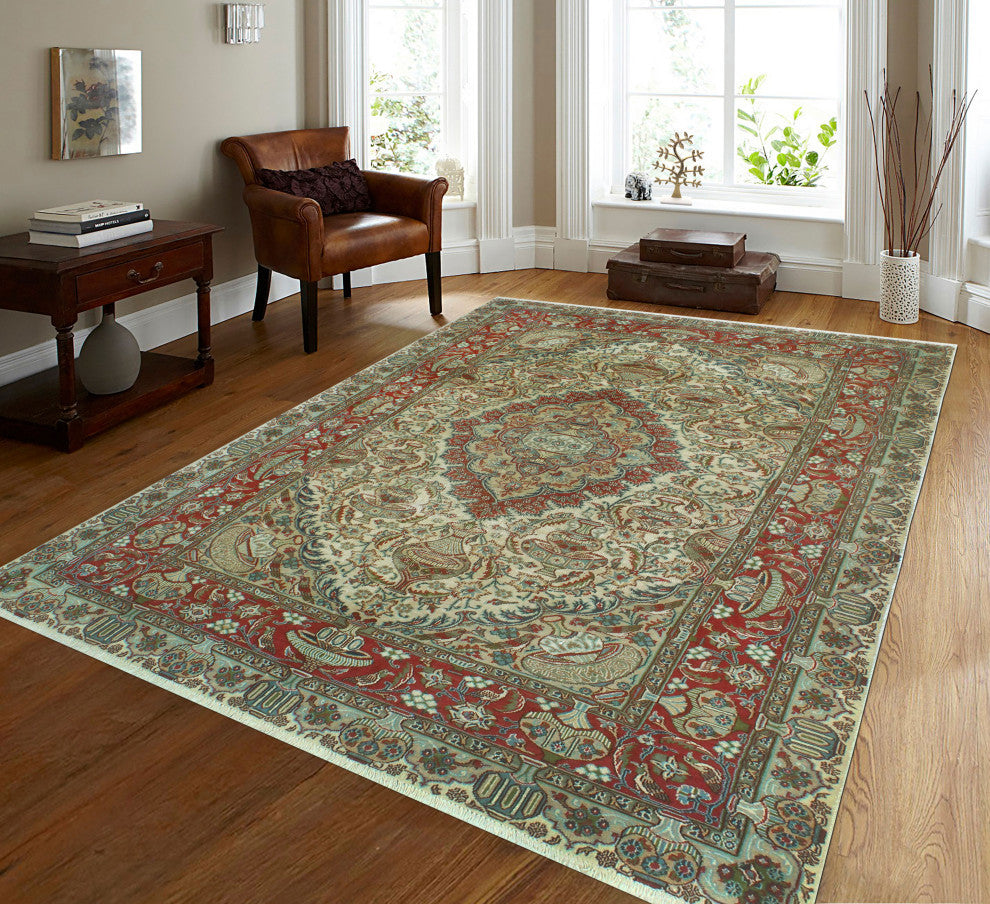 Fine Vintage Distressed Claiborn Beige/Burgundy Rug, 6'6x9'7