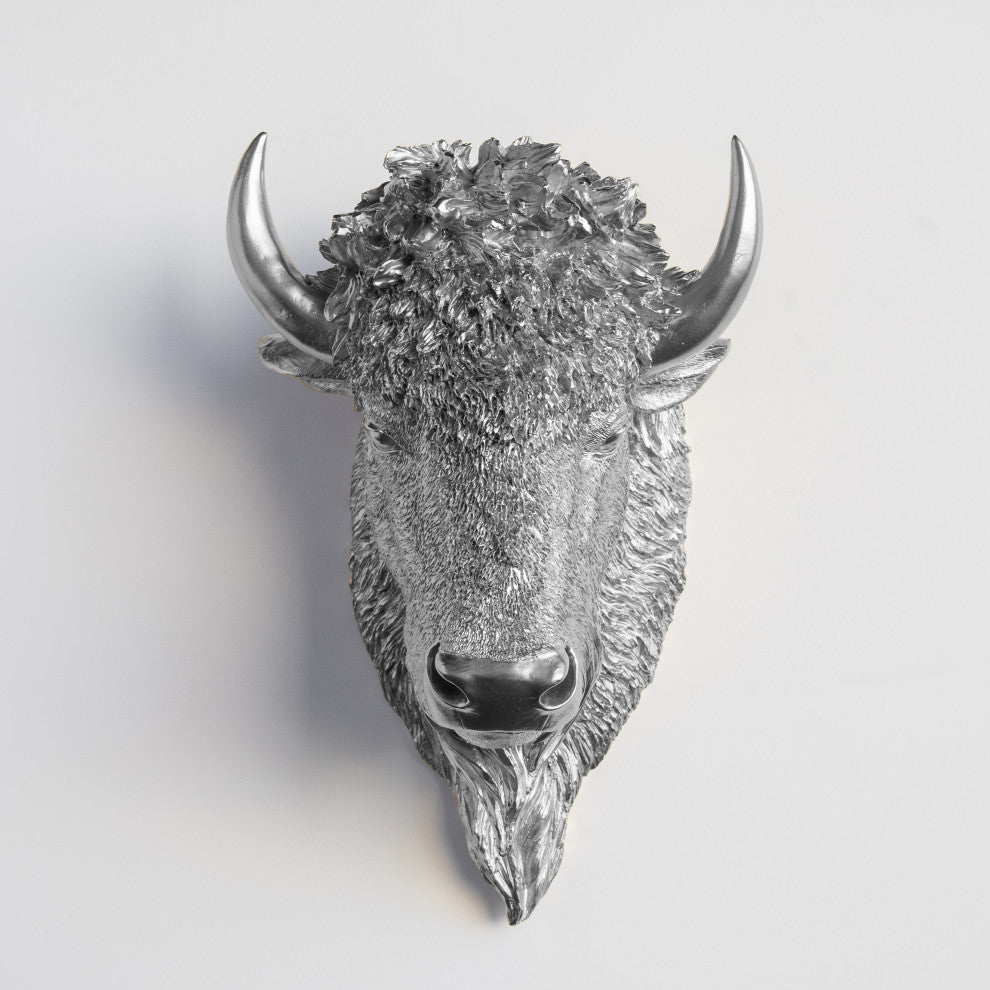Faux Taxidermy Bison Head Wall Mount, Silver