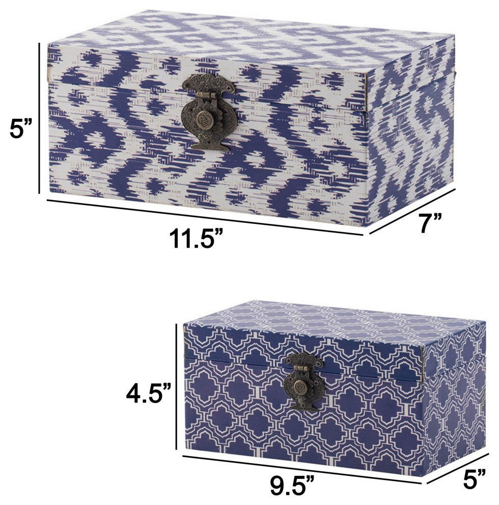 Benzara 10" Wood Boxes, Classic Blue White Quatrefoil Design, 2-Piece Set