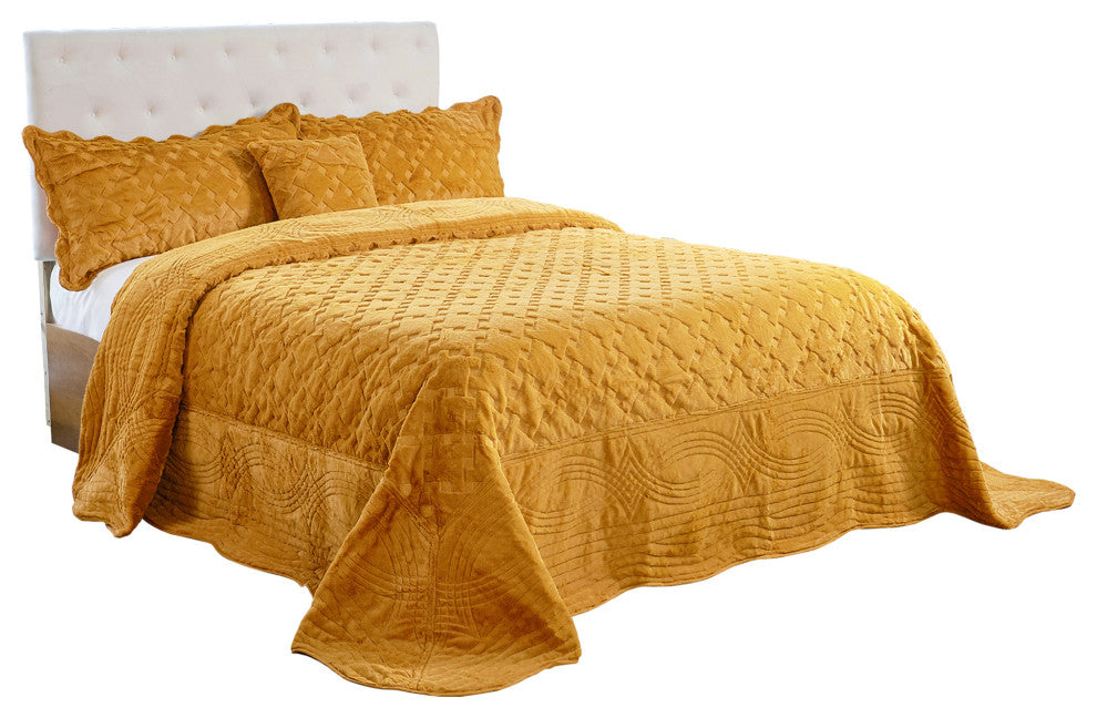 Tatami Quilted Faux Fur Bedspread Set, Apricot, King