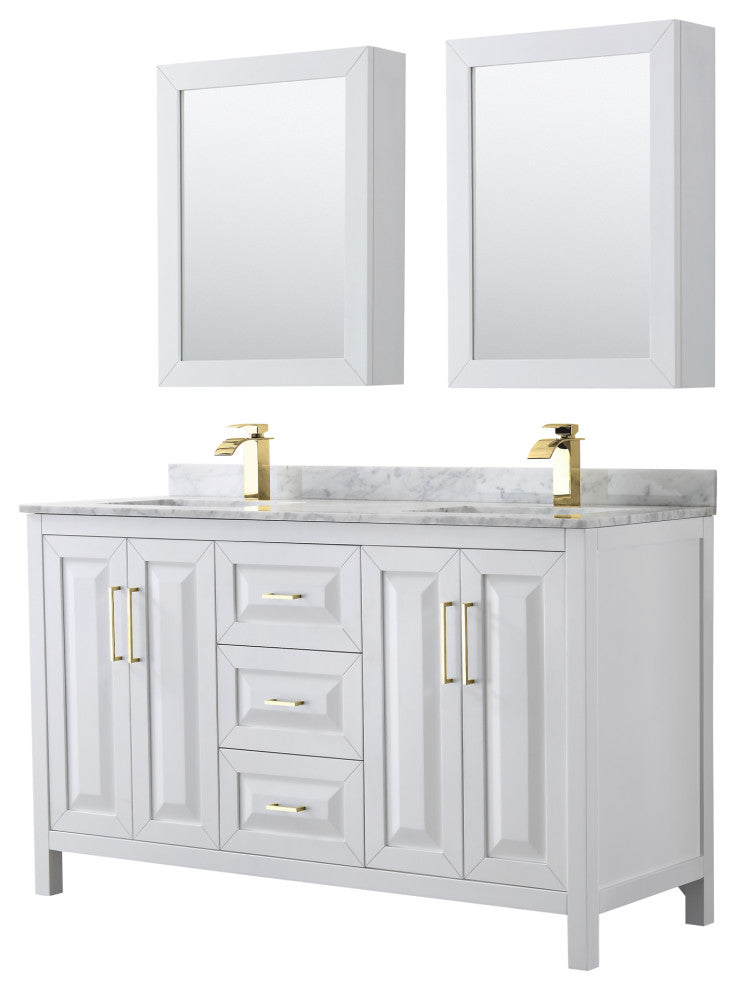60"DBL Bathroom Vanity White, Carrara Countertop, Sinks, Med.Cabinets, Gold Trim