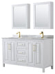 60"DBL Bathroom Vanity White, Carrara Countertop, Sinks, Med.Cabinets, Gold Trim