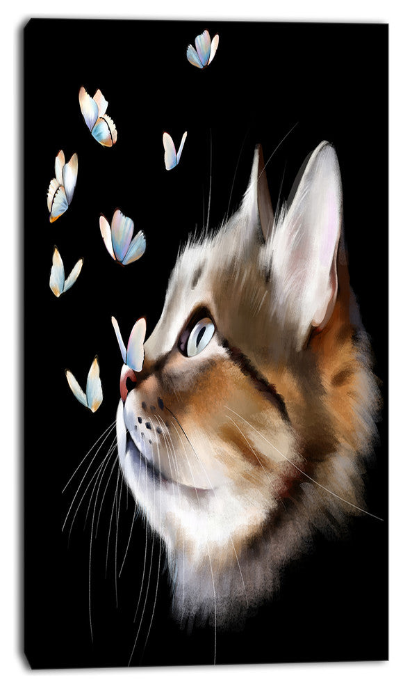 Cat with Butterflies on Black, Animal Canvas Art Print, 16"x32"