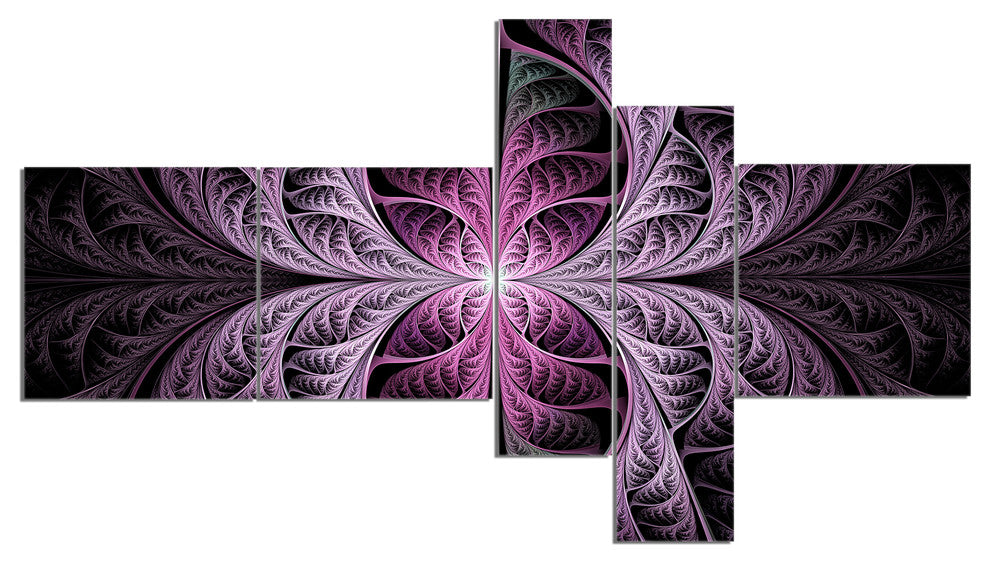 Purple Glowing Fractal Stained Glass, Abstract Canvas Print, 60"x32", 5 panels