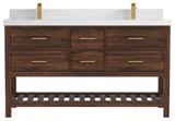 Parker Teak 60" Double Sink Vanity, Dark Walnut Teak, 60" Double, 2" White Quartz