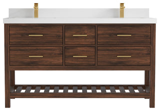 Parker Teak 60" Double Sink Vanity, Dark Walnut Teak, 60" Double, 2" White Quartz