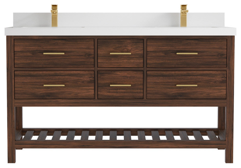 Parker Teak 60" Double Sink Vanity, Dark Walnut Teak, 60" Double, 2" White Quartz