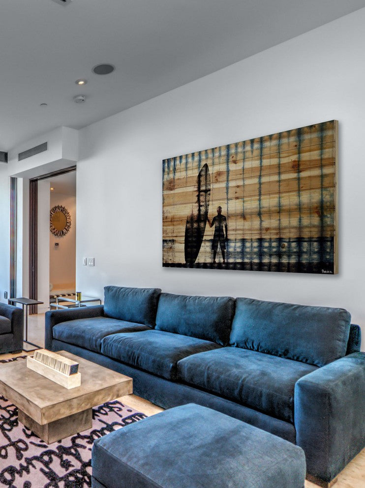 "Surf at Dusk" Print on Natural Pine Wood, 36"x24"