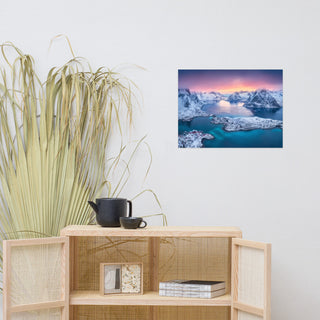 Reine at Winter Sunset Icy Mountain Landscape Photo Loose Wall Art Prints, 18" X 24"