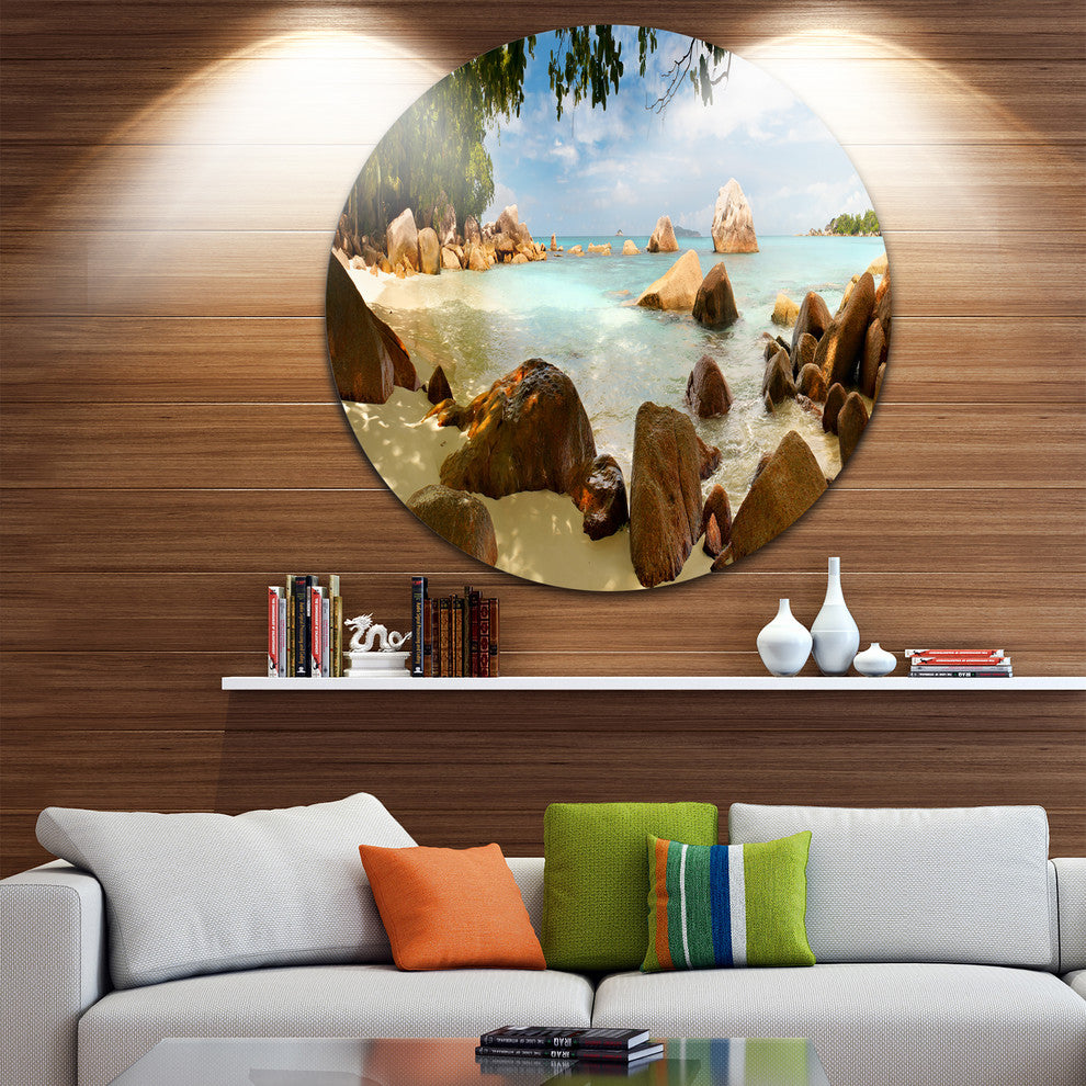 Tropical Rocky Beach Panorama, Large Disc Metal Wall Art Landscape, 36"