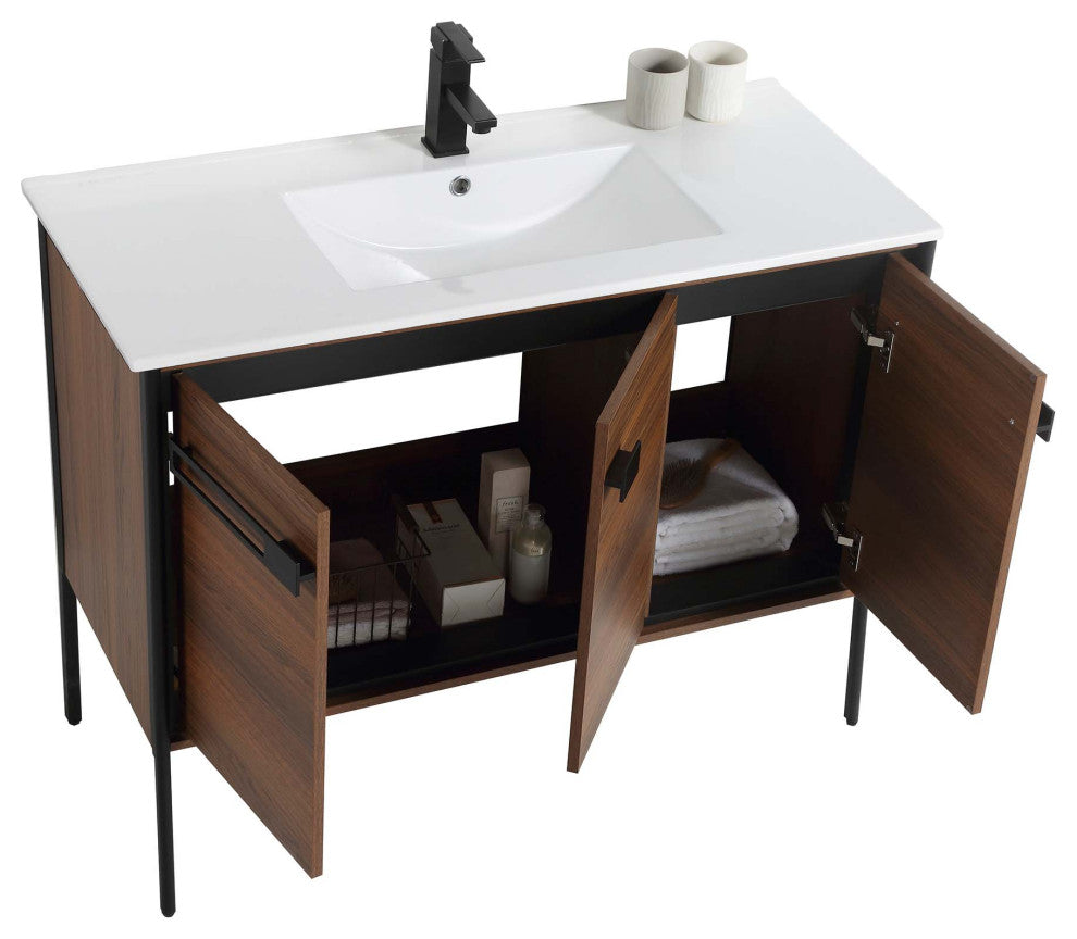 Oakville Bath Vanity, Ceramic Sink, Walnut Ebony, 42 Inch, Black Hardware