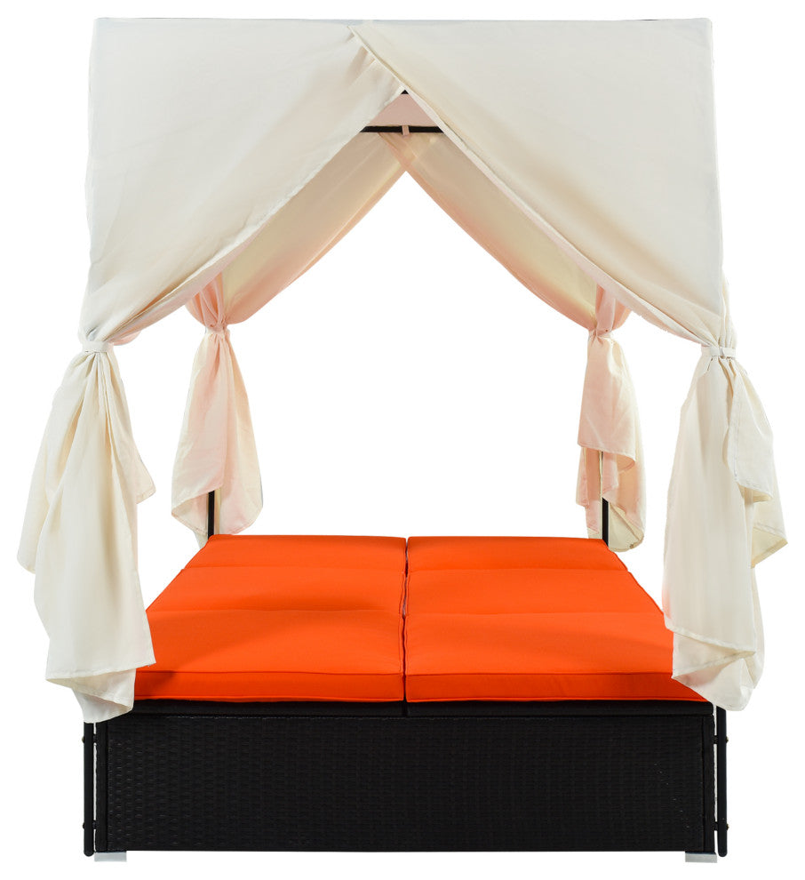 2-Piece Outdoor Wicker Patio Sunbed Daybed With Cushions And Adjustable Seats, Black Orange